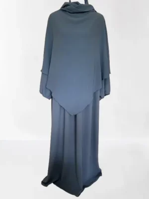 Ensemble abaya khimar bleu clair tissu jazz fluide, coupe ample et couvrante, pas cher