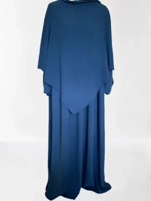 Ensemble abaya khimar bleu fluide tissu jazz, coupe ample, pas cher et élégant