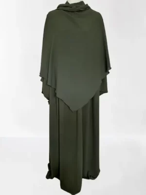 Ensemble abaya khimar kaki fluide en tissu jazz, couvrant, pas cher et élégant